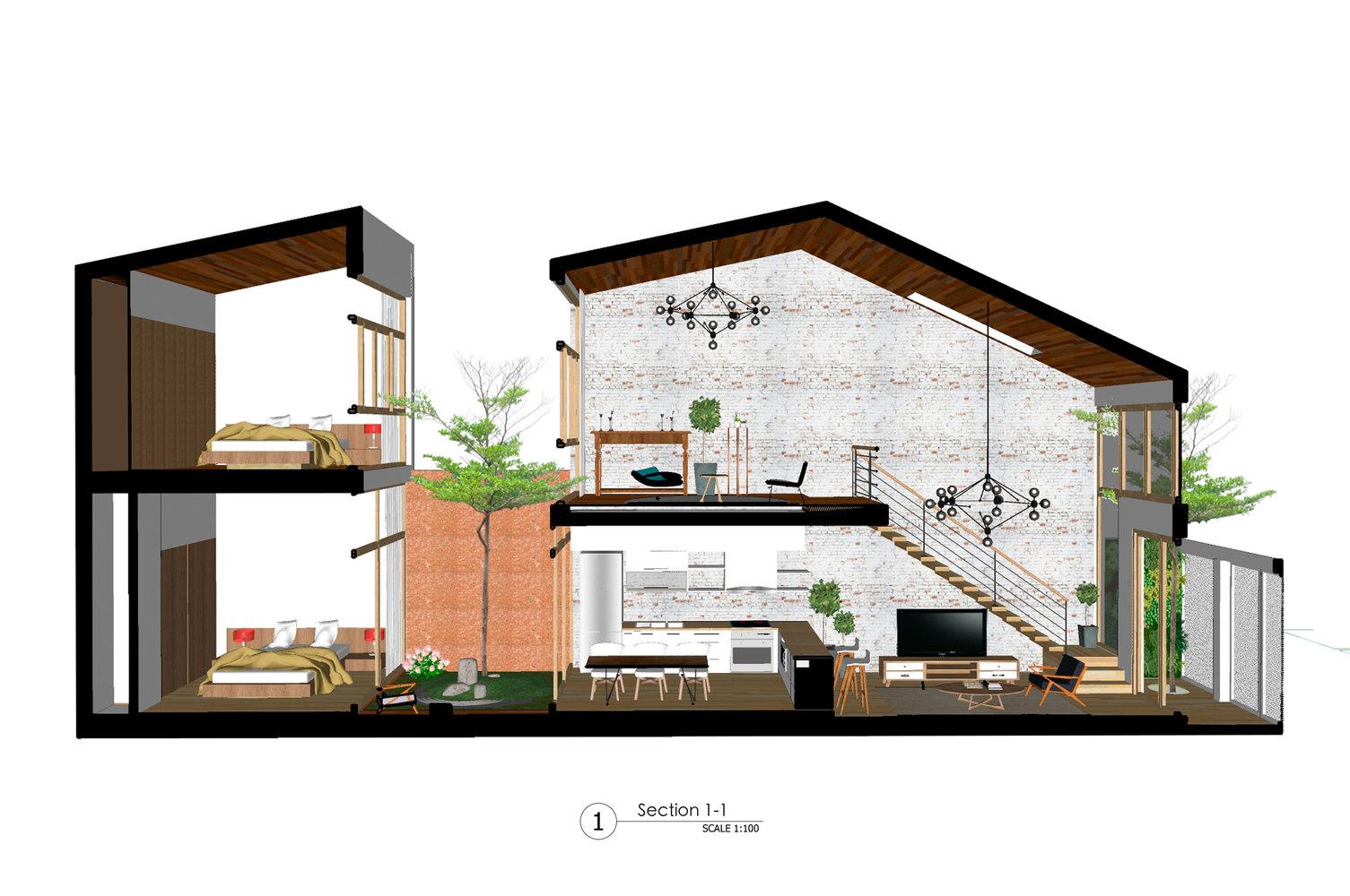 Bản vẽ mô phỏng không gian thiết kế trong căn nhà.